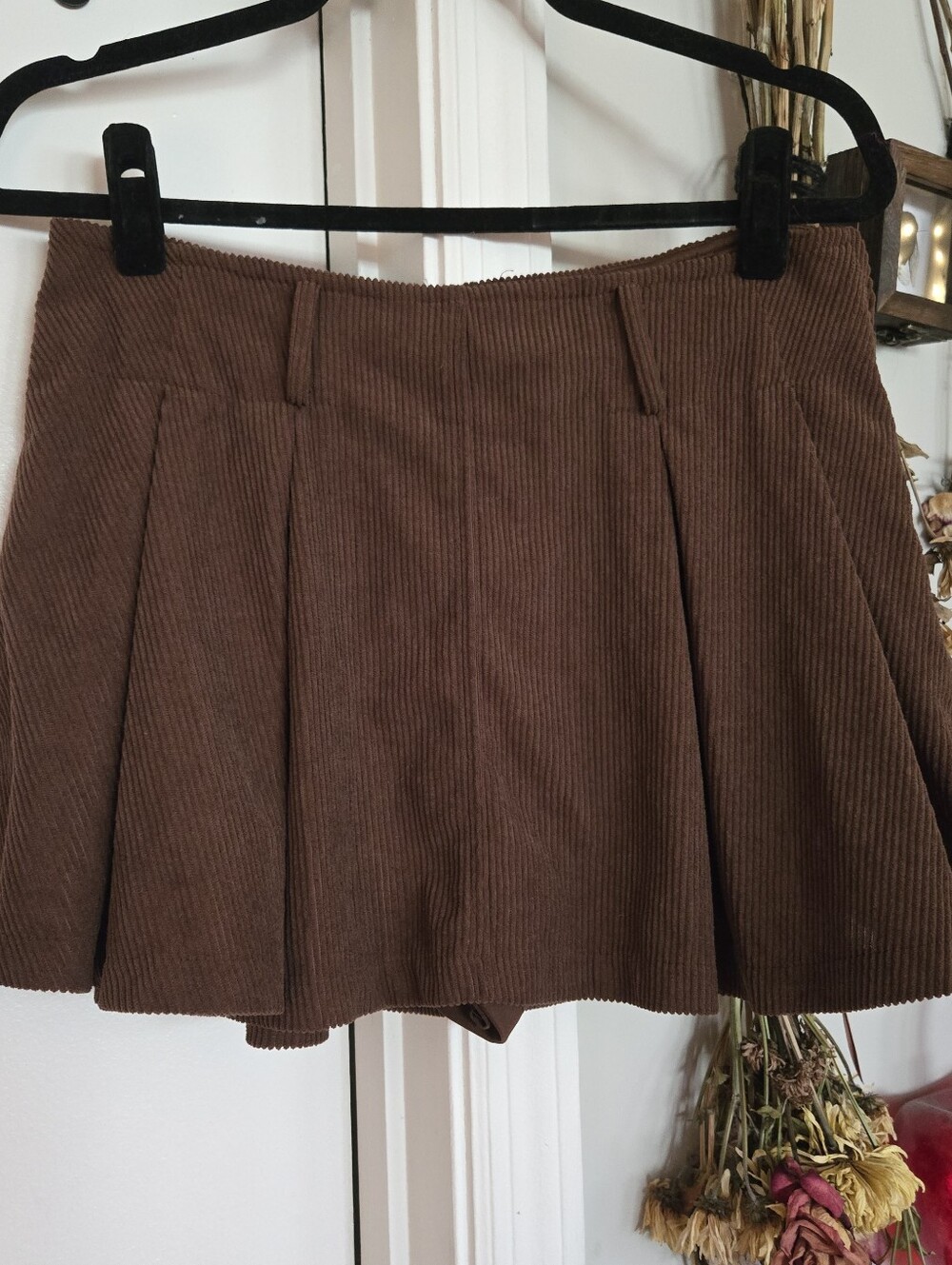 Forever 21 Brown Corduroy Pleated Skater Mini Skort Lg